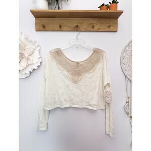 Free People Cropped LS Shirt with Crochet Lace Detail NWT
